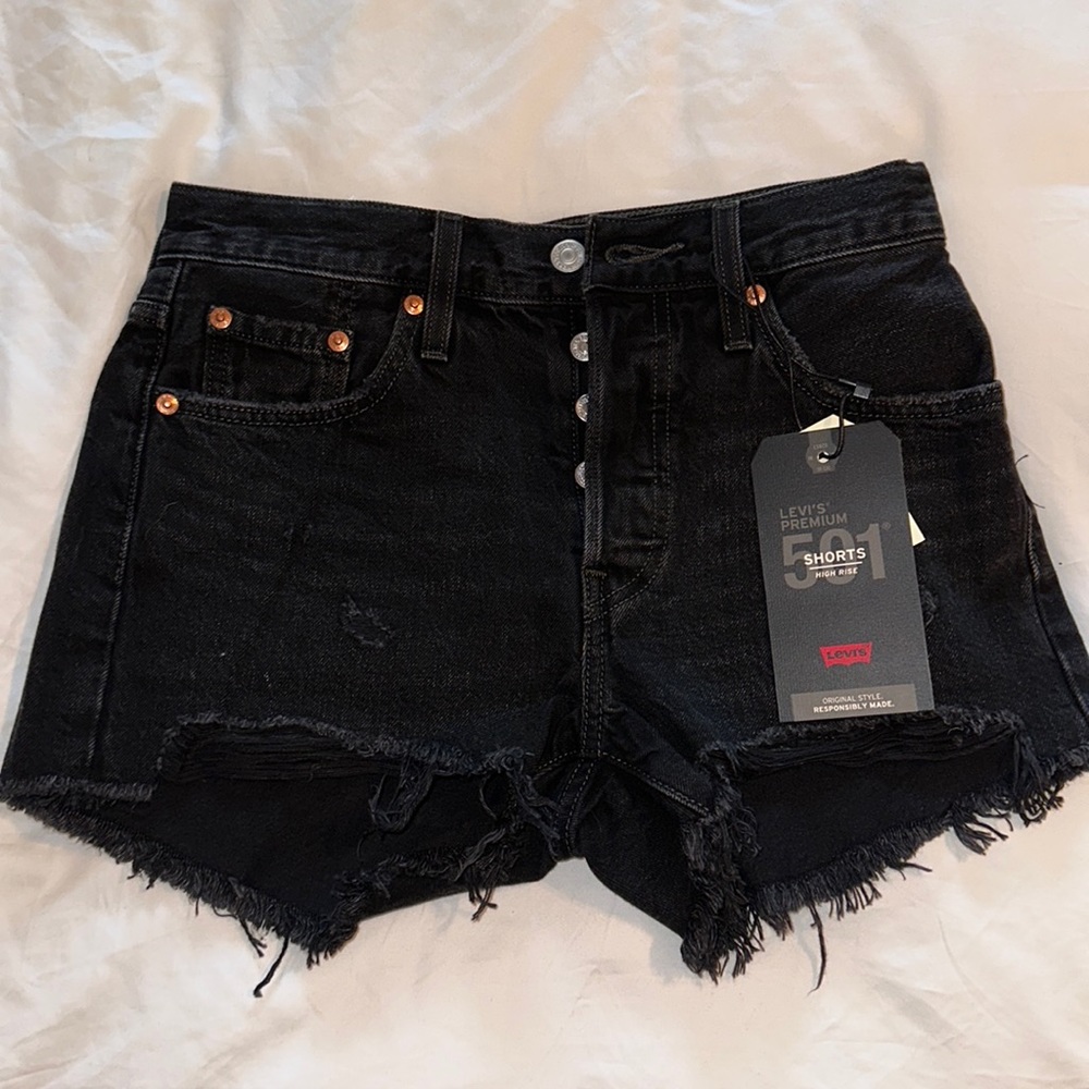 Levi’s high rise black denim shorts